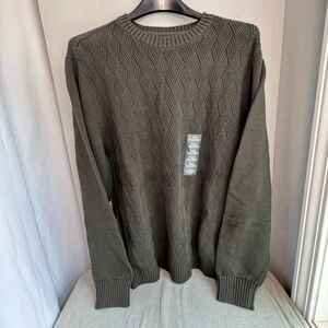 St Johns Bay Mens Sweater L Green Grey Crew Neck Cotton Knit NWT